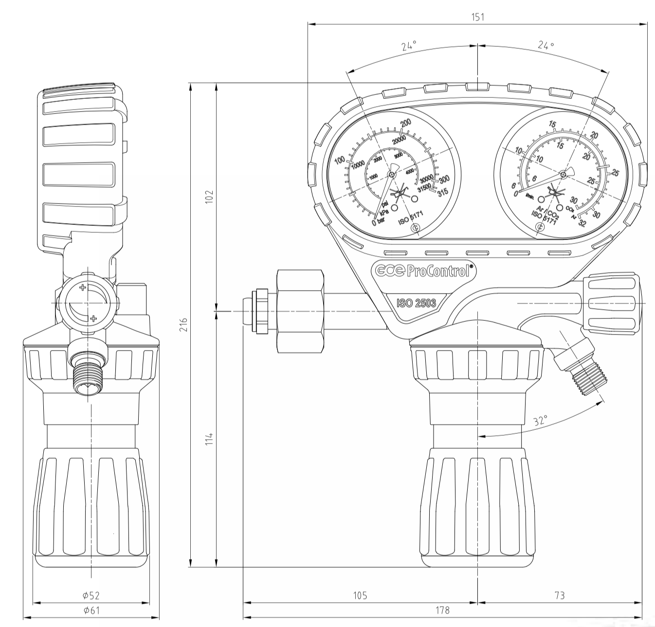 Редуктор водородный GCE ProControl HYDROGEN 200/10 бар, вх. W21,8x1/14"LH, вых. G3/8"LH арт.